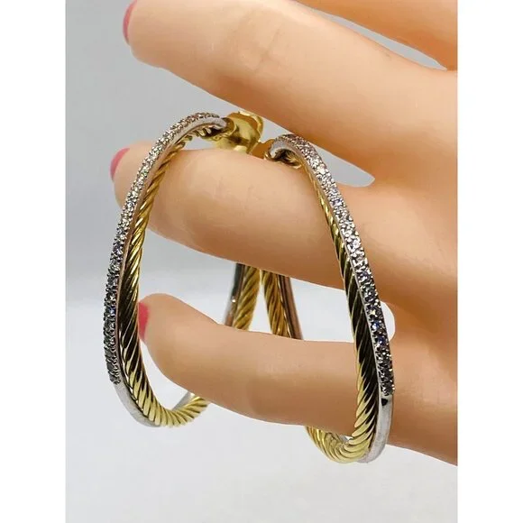 SOD!!! David Yurman 18K Yellow White Gold Diamond 47mm Crossover Hoop Earrings - Picture 11 of 14